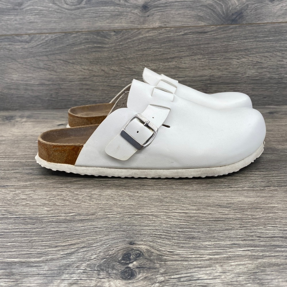 Cushionaire Lane Cork Footbed Clogs Womens 9M White Vegan Leather Buckle Mules - Picture 6 of 10
